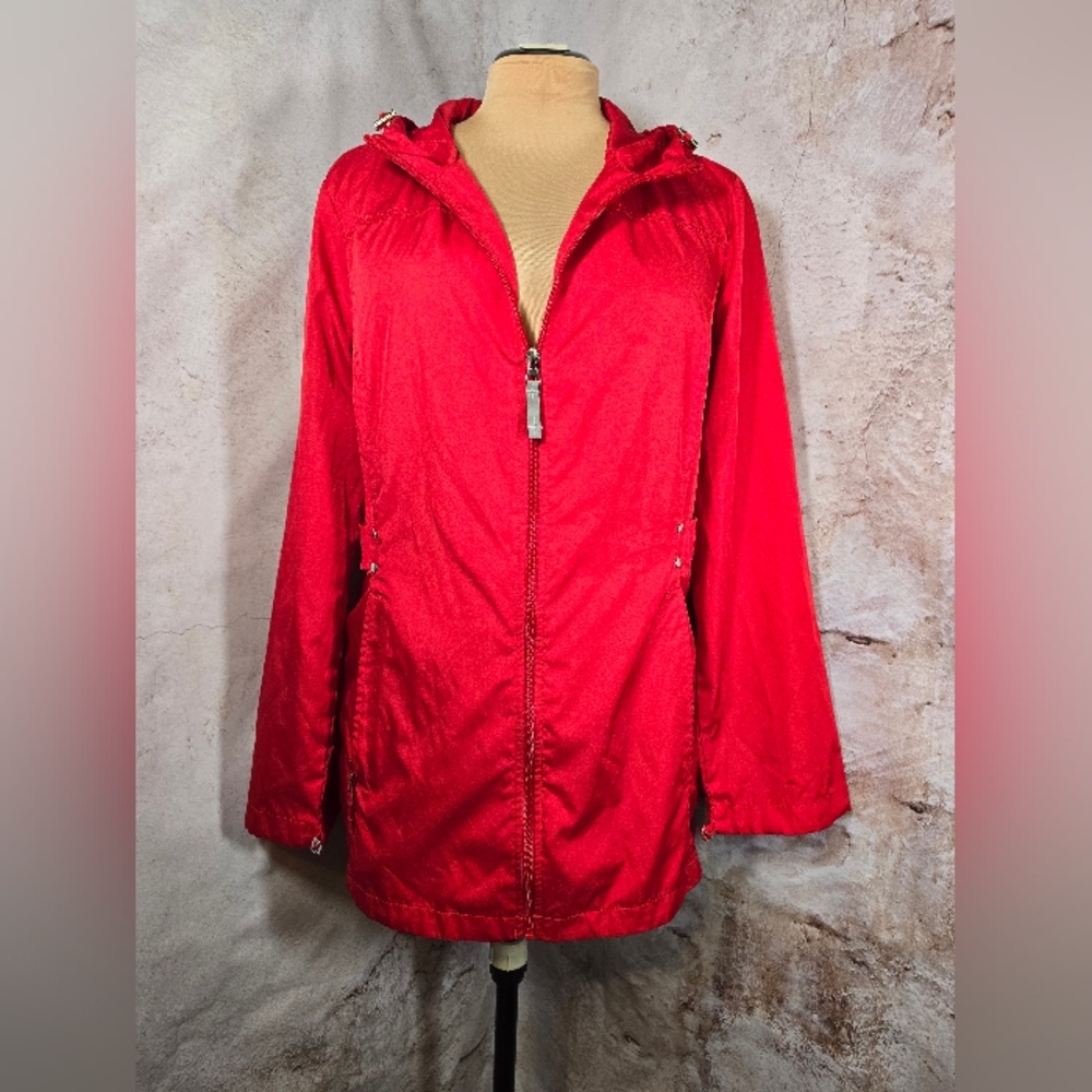 Jones New York XL Red Windbreaker Raincoat Utility Jacket Lightweight Hooded EUC - Picture 1 of 8